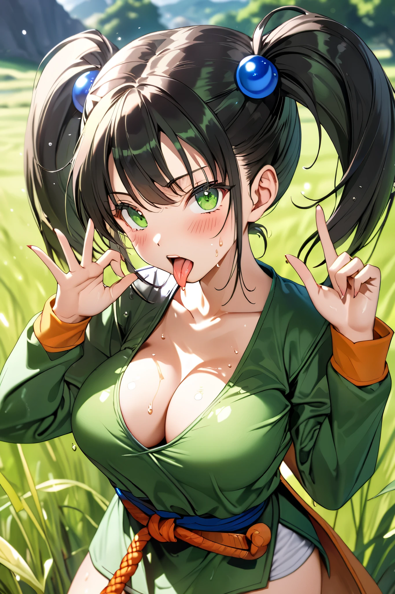 masterpiece, Best Quality, High resolution,16k,official art,super detailed skin,detailed,animated painting,(fighter of dragonquest:1.3),1990s \(style\),(E-cup beautiful breasts)、 (tall:1.2),height: 175cm,Fashion model body type,clevage, Sexy long legs,black hair,twintail hair,(Muscular:1.2),(green Kenpo uniform:1.4),1girl,solo,nsfw,sexy,big laugh,shy,blush,Anime-style painting style,Close up on upper body,Cinematic lighting,Superfine,closeup shot,in the grassland,Sweating all over the body,splead legs,morning,closeup,(fellatio gesture:1.1),open mouth,tongue,tongue out,drooling looking at viewer,(ahegao:1.2),(So stupid:1.2),(orgasm:1.4),(wet:1.1)