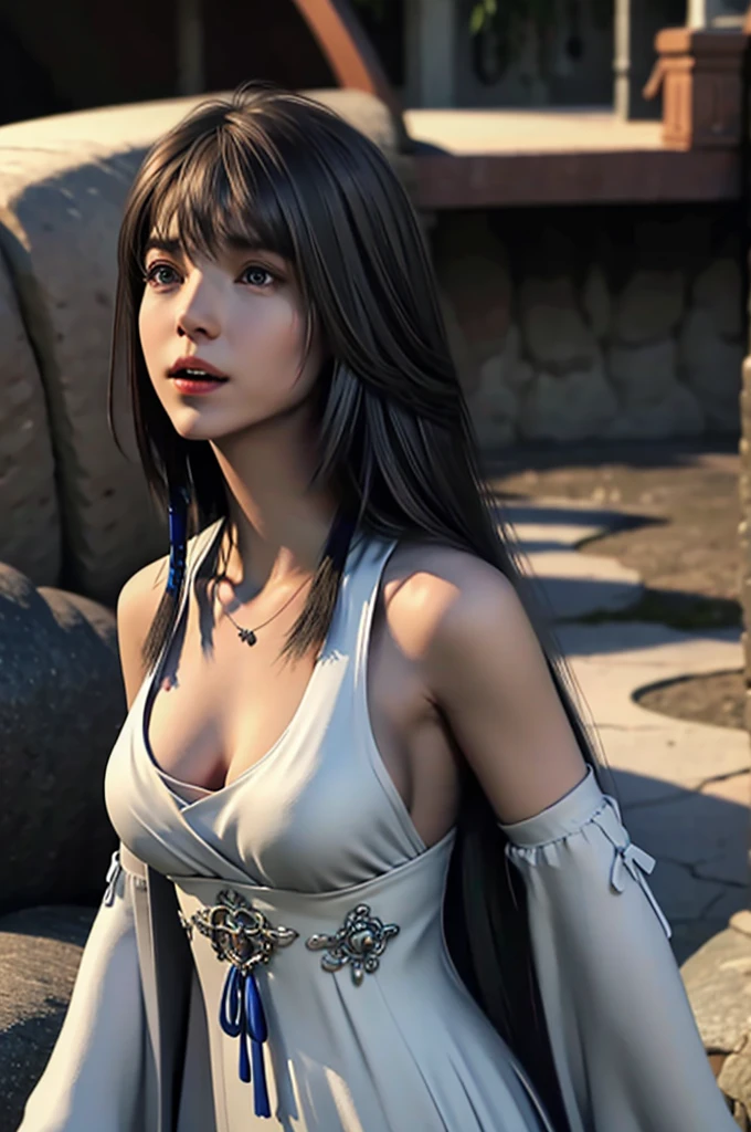 ((Final Fantasy (Yuna), young girl, 16 years old, full body, naked body, dark hair, light skin, scarlet lips, smile; black, expressive playful eyes, long eyelashes)). ((Anime girl with brown hair hair and white short fire dress with necklace, beautiful character painting, very short drees style fire cowboy skirt, very thin and light clothing almost transparent like air, soft anime computer graphics, realistic anime art, beautiful anime woman, Cyberpunk, futurism, tight jumpsuit, anime girl rendering, very sexy, 75 % nsfw, 60% nude, open legs))