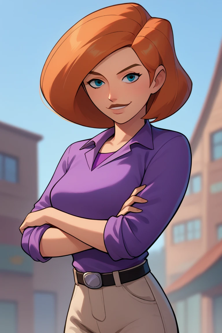 score_9, score_8_up, score_7_up, BREAK, 1girl, solo, breasts,  annpossible, mature female, purple shirt, sleeves rolled up, tan pants, belt, looking at viewer, smile, crossed arms, half body 