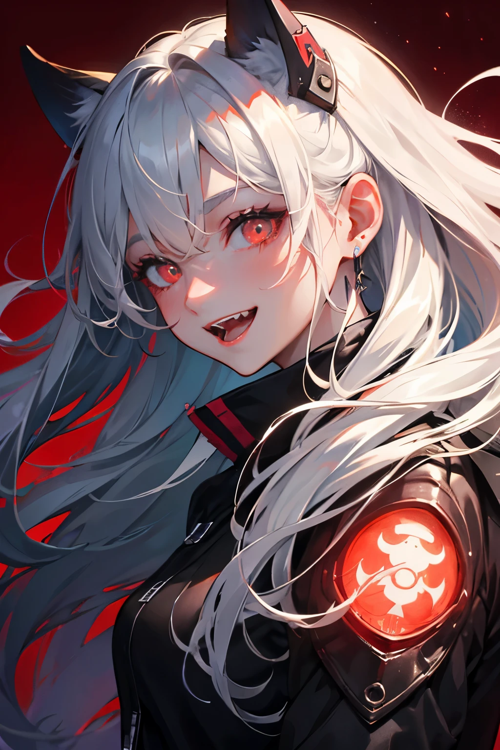  from the side 1 girl ,  long hair, Gray Hair, Vengeful spirit,白いhospital服,hospital, dark, eyes are glowing red, smiling with teeth out,scared,They are arguing so much, red background, High Resolution , solo,  ,Sharp Fangs