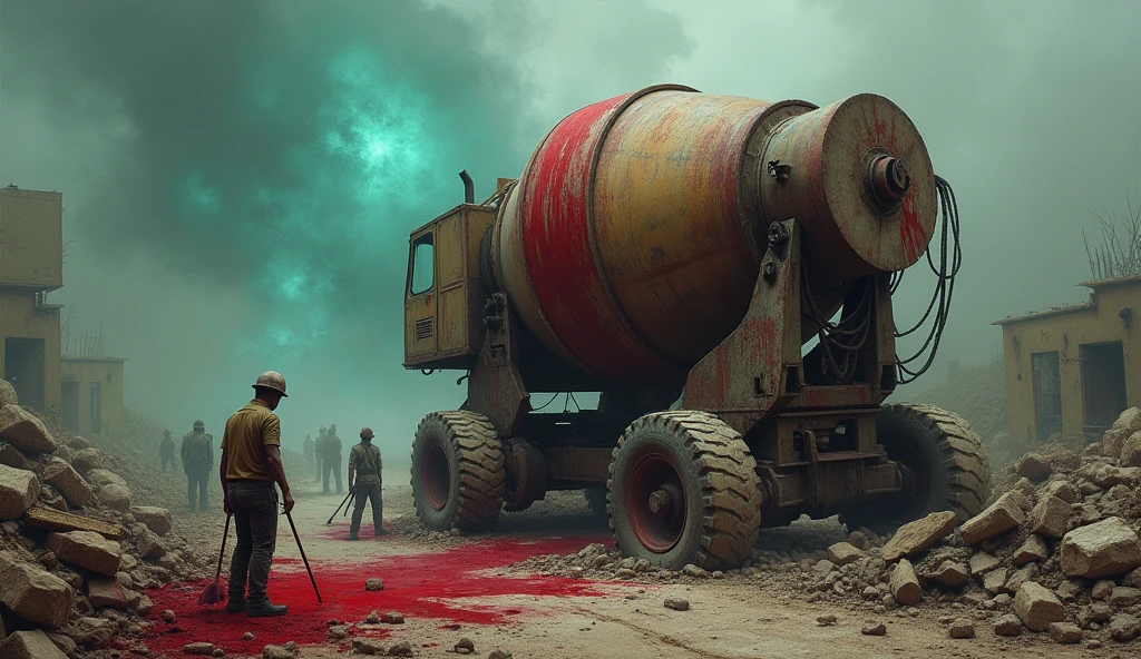 create an abandoned construction site, winter season, some blood in the scene, severed arms and legs inside a concrete mixer.