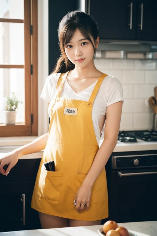 20 years old girl (Japanese cute face) is wearing mini skirt and white apron and working at the cafe with sunflowers