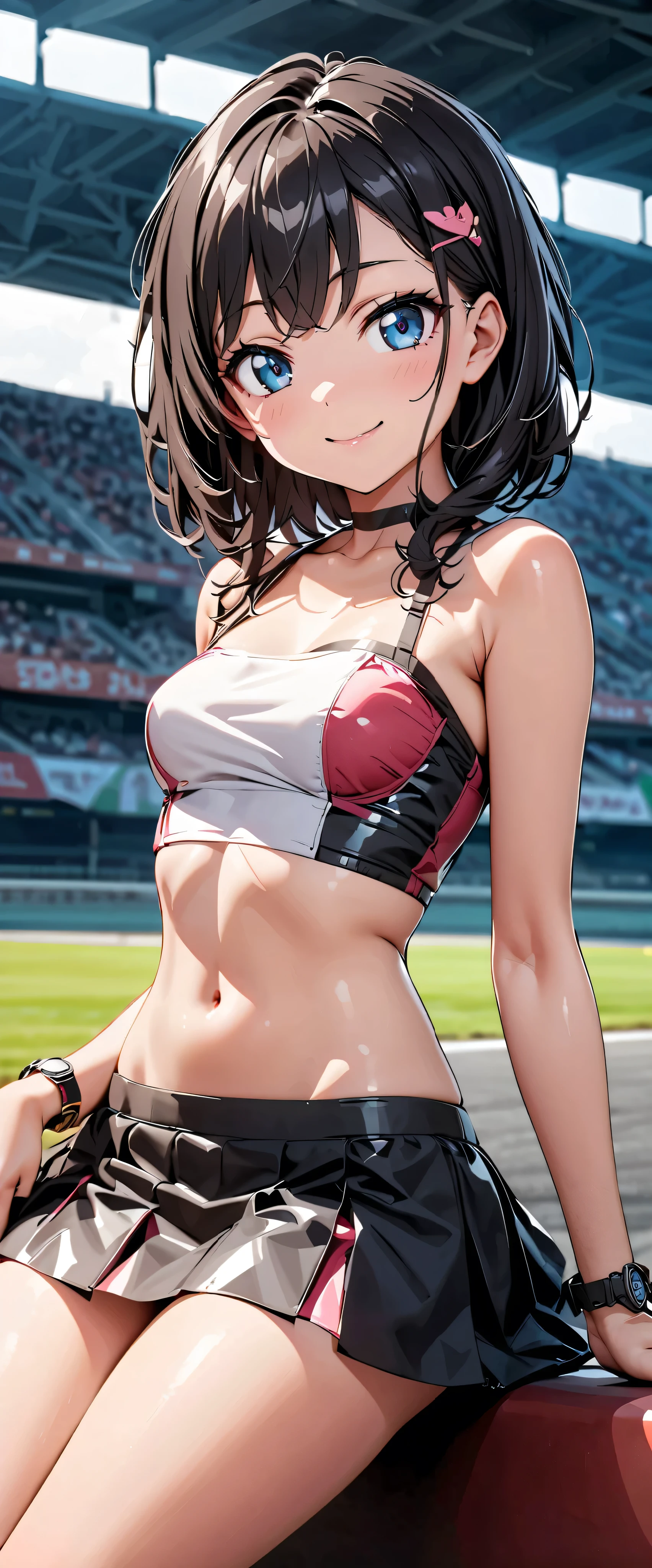 top quality, ultra high definition, One person, little chest, black chokers, smile, exposes shoulders, focus only , Watch Viewers ,Fair skin,Car racing track, photon mapping , physically-based rendering, RAW photos , very detailed background, K-pop Idol , depth of field, hair ornament, detailed face , glowing skin, game cg,whole body, colorful and flashy micro tight mini skirt,colorful and flashy micro tube top , race queen, sexy pose,holding a flag