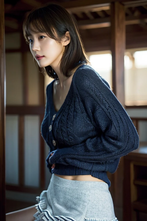 (masterpiece:1.3), (8K, Photorealistic, Raw photo, Best image quality: 1.4), Japanese schoolgirl、(Random Hairstyles:1.2)、Cleavage:1.2、Super detailed face、Attention to detail、double eyelid、Put your chest together、Sharp focus:1.2、Beautiful woman:1.4、Light brown hair、Highest quality、masterpiece、超A high resolution、(Photorealistic:1.4)、Highly detailed and professionally lit smile、Loose, lightweight knitwear、Shoulder out、thin、Serious expression、Short-haired、Deadly position、dj、performance