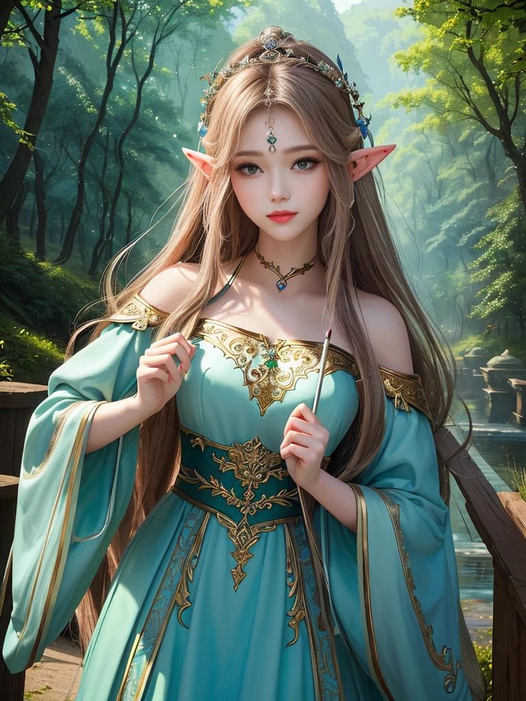 Masterpiece, highest quality, solo, (perfect face: 1.1), (high detail: 1.1), dramatic, dynamic pose, 1girl, breasts, blonde hair, bright blue eyes, solo, cleavage, delicate and characteristic pretty face, long hair, curved, small breasts, hanfu, thighs, intricate patterns, bare shoulders, slender and tall figure, pink lips, she is like a fairy in the mortal world, elegant and elegant. Her dress was made of silk and dyed a soft pink color to match the glow of the sky. The dress has intricate embroidery of flowers and birds, showing her elegant taste and noble status. She wore a jade-colored hairpin on her long black hair, which fluttered behind her as she ran. Her face is delicate and flawless, with bright eyes and rosy lips. She smiled and enjoyed the freedom and beauty of nature. The fields are covered with green grass and colorful wildflowers that sway in the breeze. The sun sets behind the mountains, casting a warm glow on the entire scene. She looks like a painting, a dream, a poem.