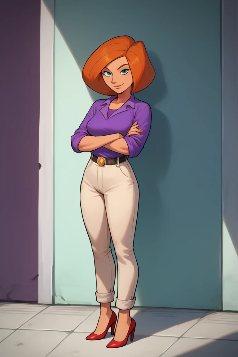 score_9, score_8_up, score_7_up, BREAK, 1girl, solo, breasts,  annpossible, mature female, purple shirt, sleeves rolled up, tan pants, belt, looking at viewer, smile, crossed arms, full body, red high heels 