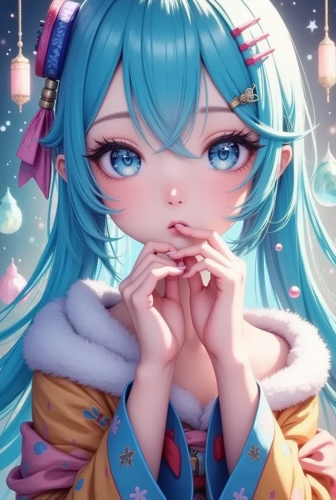 (Masterpiece), ( best quality ), ( Official Art,   Limited Details CG Unity 8K Wallpaper), ( very detailed), (( That&#39;s ridiculous.)),  from the side 1 girl ,  medium range shot, ( Beautiful Faces ),(Sera Clothing:1.3) (( software)),((Clear hands)), ((  in the starry eye)),  aqua eyes,  colored contact lenses, Stars in the eyes, ((( Colorful Bubbles ))), Colorful glass, ( Album Cover )