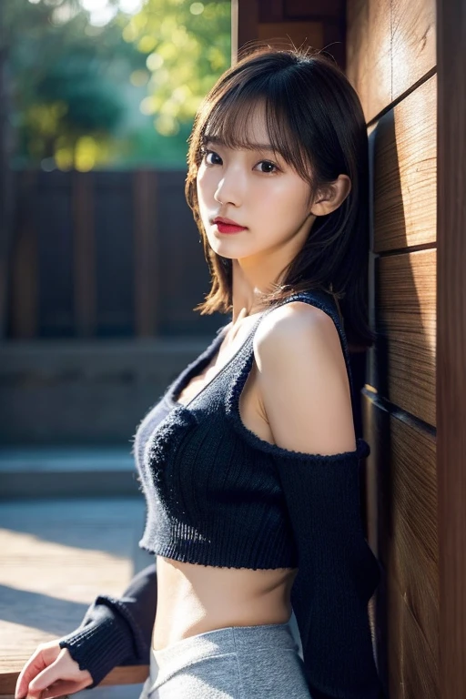 Highly detailed CG unity 8k wallpaper, of the highest quality, Super detailed, masutepiece, Realistic, photographrealistic, extremely detailed cute girl, 25yo, cleavage , (perspired) , Round eyes, peeping at the viewer, Blush, Smile, parted lip, Semi-body shot , Realistic、track suit、Realistic reproduction with vests , Panties , Squat, sports gym, short hair