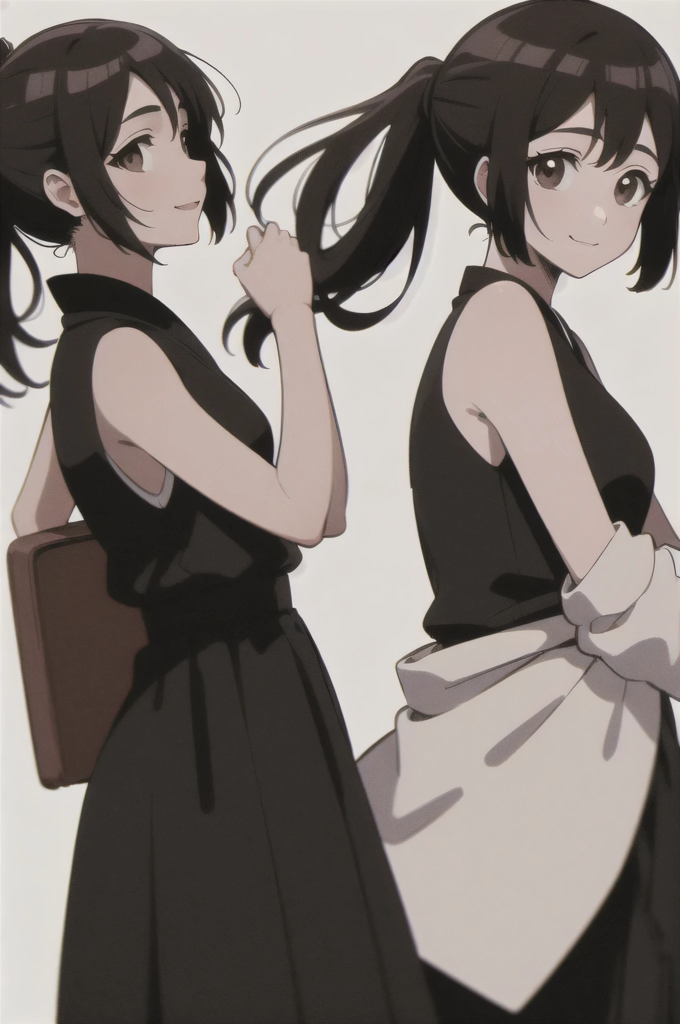 Masterpiece, best quality ,
from the side 1 girl , romantic love, black hair, ponytail, Van Cover, brown eyes, kimono, Black Hakama, black kimono ,I'm wearing a white sleeveless coat
smiling, Alone, looking, simple background, white background