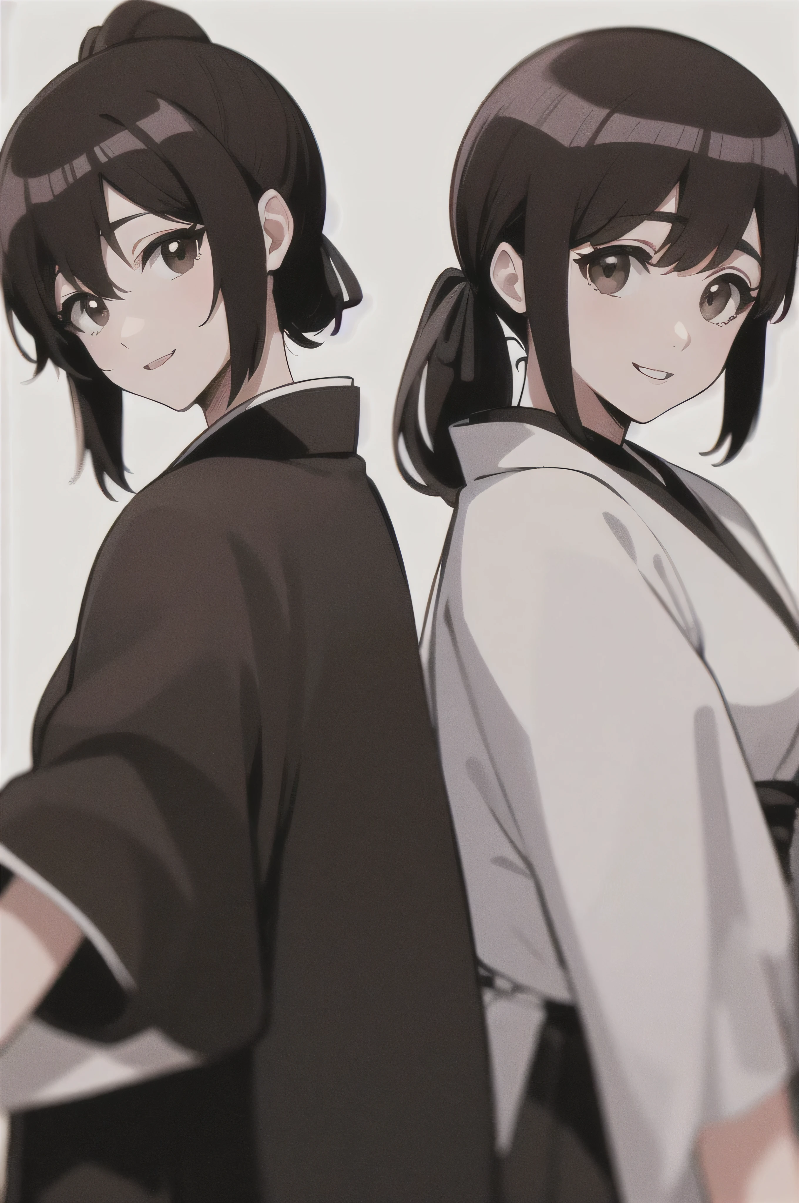 Masterpiece, best quality ,
from the side 1 girl , romantic love, black hair, ponytail, Van Cover, brown eyes, kimono, Black Hakama, black kimono ,I'm wearing a white sleeveless coat
smiling, Alone, looking, simple background, white background