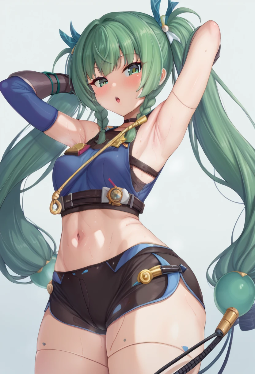 ultra-detailed,
master piece,best quality,high resolution,
beautiful eyes,detailed eyes,detailed face,
beautiful detailed eyes,symmetrical clear eyes,
 1girl ,score_9,score_8_up ,score_7_up  BREAK qingyiSDXL, 1girl ,long hair,gloves,bare shoulders,twintails,very long hair,green eyes,braid,green hair,shorts,black gloves,fingerless gloves,twin braids,crop top,short shorts,black shorts,joints,(small breasts:1.1),(medium breasts:0.9),wide hip, thick thighs,nsfw,(Armpit:1.5),( whip:1.4),( too thick thighs:1.1), big ass,sweat,Armpitsweat,赤らんだArmpit,(脂ぎったArmpit:1.5),(艶のあるArmpit:1.2),(肉厚なArmpit:1.1),blush,(vapor:1.4),