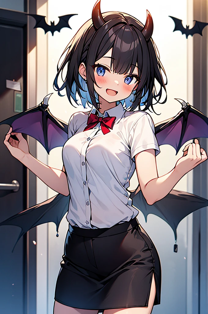 Author, Best Quality, Hi-Res Solo, Standing, Adult Woman, Blue Shirt, Bat Wings, Black Hair, Short Hair, Blue Eyes, Wicked Smile, Evil Smile, Light Blue Pleated Mini Skirt, Black Boots, Hospital Room