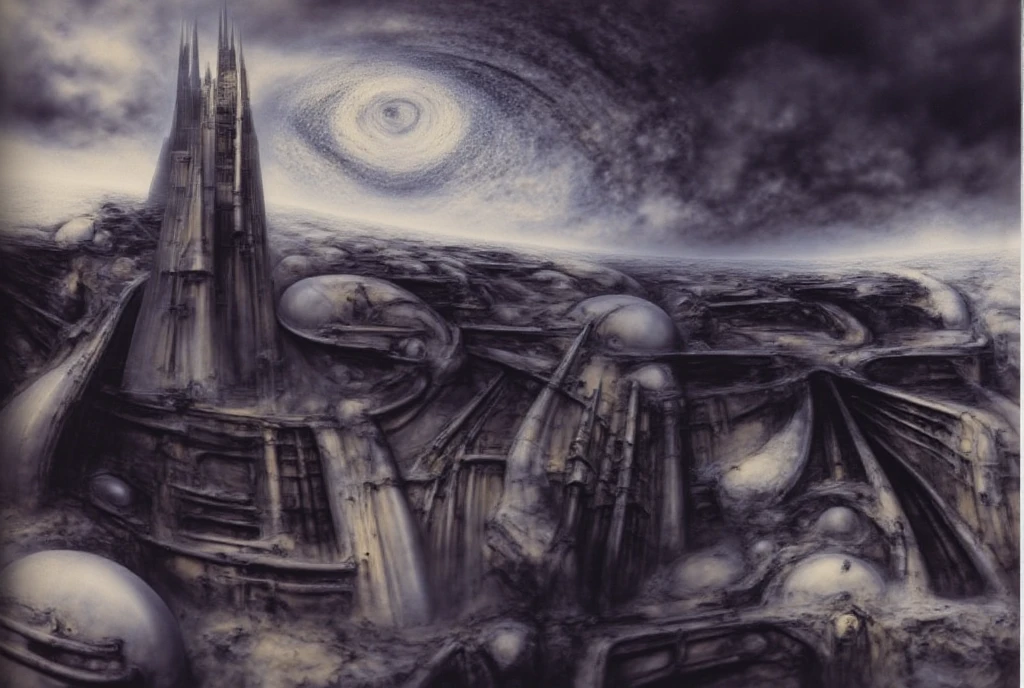 

 The image depicts a fantastical scene of a castle with a dominant tower, surrounded by a whirl of dark clouds and a starry nebulous sky in the background.

The shapes are predominantly rounded and flowing, with a strong sense of internal structure suggested by the lines and shading. The color palette is almost entirely grayscale with some warmer highlights giving a slight off-white/beige tint. The contrast is primarily achieved through subtle gradations of light and shadow, defining the forms without harsh edges. This creates a sense of depth and volume, but also contributes to the overall ambiguity of the image. The lack of strong contrast makes the forms blend into each other, further enhancing the feeling of a unified, biomechanical entity.

The space in this H.R. Giger-esque image is formed through a complex interplay of several visual techniques, creating a claustrophobic, layered, and ambiguous environment. Space in this image is formed by a combination of overlapping forms, lack of traditional perspective, flowing curves, high detail, ambiguous scale, and subtle lighting. These techniques work together to create a unique and unsettling spatial experience that is characteristic of Giger's work: a claustrophobic, organic, and biomechanical environment that feels both alien and strangely familiar.
 The most dominant feature is the dense overlapping and interweaving of organic and mechanical forms. Figures, pipes, tubes, and other structures merge seamlessly, making it difficult to distinguish where one ends and another begins. This creates a sense of depth and layers, but also contributes to the claustrophobic feeling as there's little empty space.
 There's no clear horizon line or defined vanishing point to establish traditional perspective. This further adds to the sense of disorientation and makes it difficult to gauge the scale and distance of the elements within the image. The space feels compressed and undefined.
