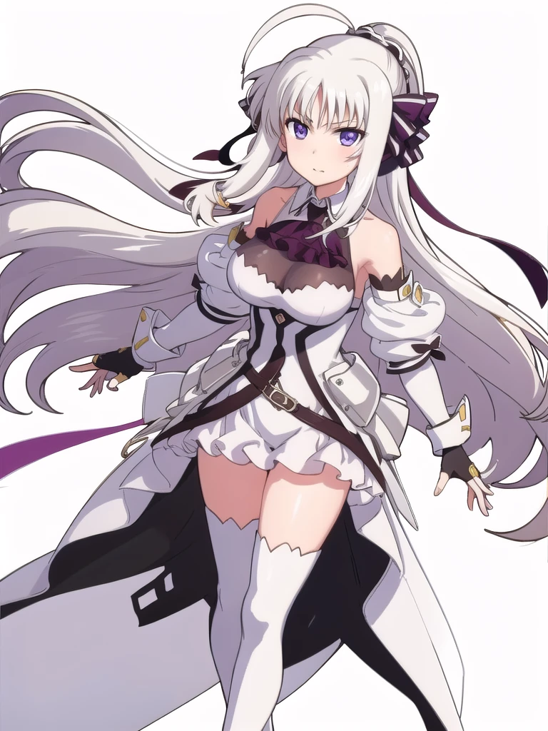  score_9, score_8_up, score_7_up, source_anime, rating_safe BREAK 1 girl, solo, ((indoor)), best quality, high quality, ultra detailed, detailed fingers, ((white hair)), rinne_bj, ((white thigh-length boots)), absolute territory, bare shoulders, ((thigh-high boots)), black gloves, black ascot, fingerless gloves, puff sleeves, skirt, black sleeves, separated sleeves and shoulders,
 female standing, long hair, looking at viewer, purple eyes, ahoge, v-shaped eyebrows, large breasts, hair ribbon, ponytail, bangs, full body, 
