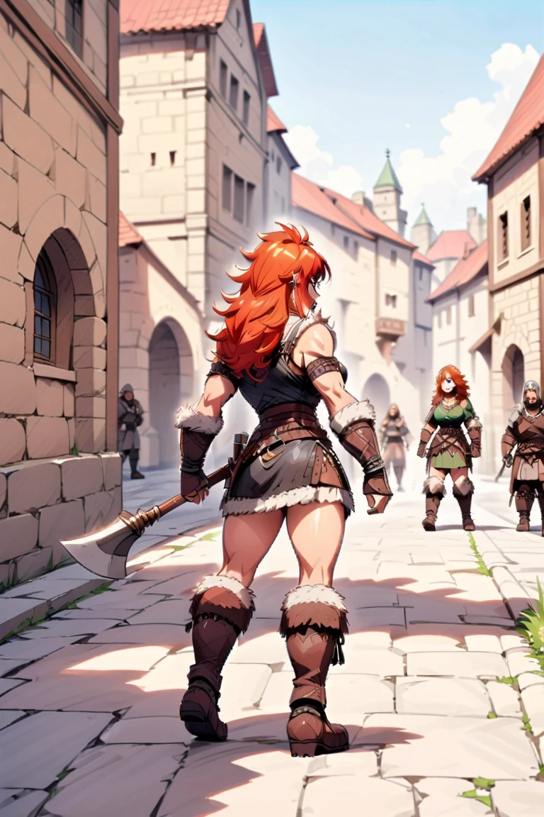 anime, detailed, depth of field, sunny, ginger hair, barbarian female, medieval time, being furious, roaring, back view, holding an axe , chasing someone, full body shot, blurred medieval city background