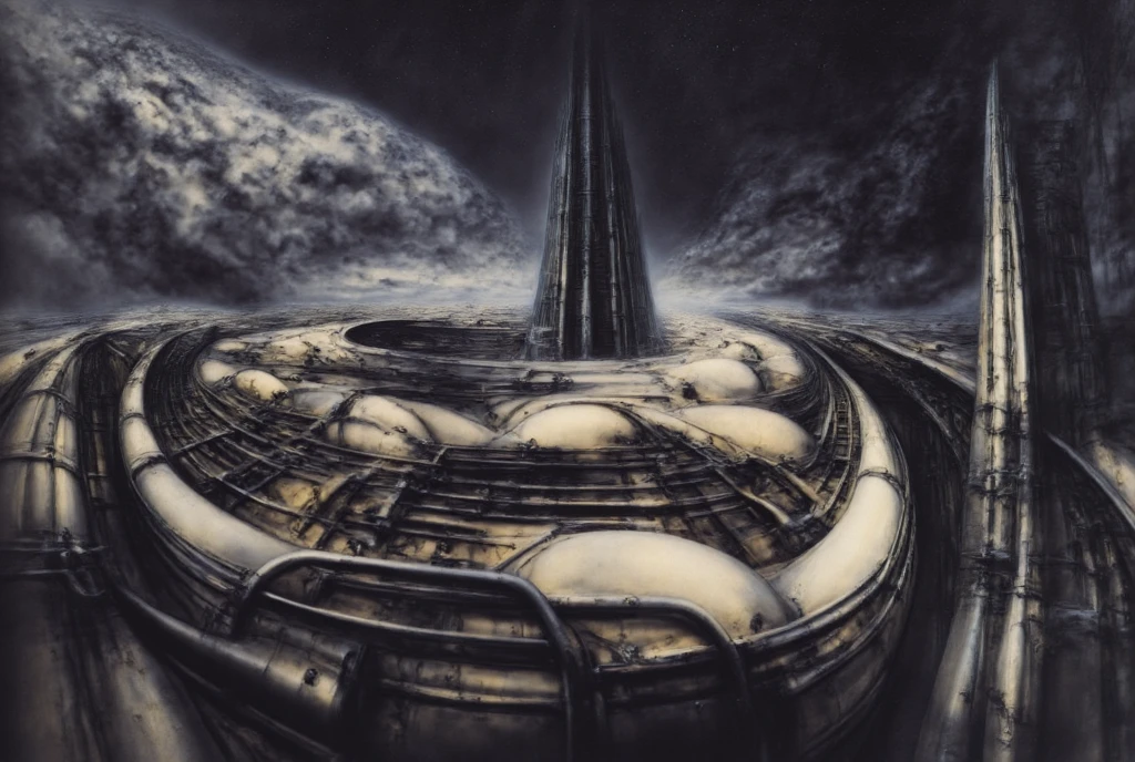 

 The image depicts a fantastical scene of a castle with a dominant tower, surrounded by a whirl of dark clouds and a starry nebulous sky in the background.

The shapes are predominantly rounded and flowing, with a strong sense of internal structure suggested by the lines and shading. The color palette is almost entirely grayscale with some warmer highlights giving a slight off-white/beige tint. The contrast is primarily achieved through subtle gradations of light and shadow, defining the forms without harsh edges. This creates a sense of depth and volume, but also contributes to the overall ambiguity of the image. The lack of strong contrast makes the forms blend into each other, further enhancing the feeling of a unified, biomechanical entity.

The space in this H.R. Giger-esque image is formed through a complex interplay of several visual techniques, creating a claustrophobic, layered, and ambiguous environment. Space in this image is formed by a combination of overlapping forms, lack of traditional perspective, flowing curves, high detail, ambiguous scale, and subtle lighting. These techniques work together to create a unique and unsettling spatial experience that is characteristic of Giger's work: a claustrophobic, organic, and biomechanical environment that feels both alien and strangely familiar.
 The most dominant feature is the dense overlapping and interweaving of organic and mechanical forms. Figures, pipes, tubes, and other structures merge seamlessly, making it difficult to distinguish where one ends and another begins. This creates a sense of depth and layers, but also contributes to the claustrophobic feeling as there's little empty space.
 There's no clear horizon line or defined vanishing point to establish traditional perspective. This further adds to the sense of disorientation and makes it difficult to gauge the scale and distance of the elements within the image. The space feels compressed and undefined.
