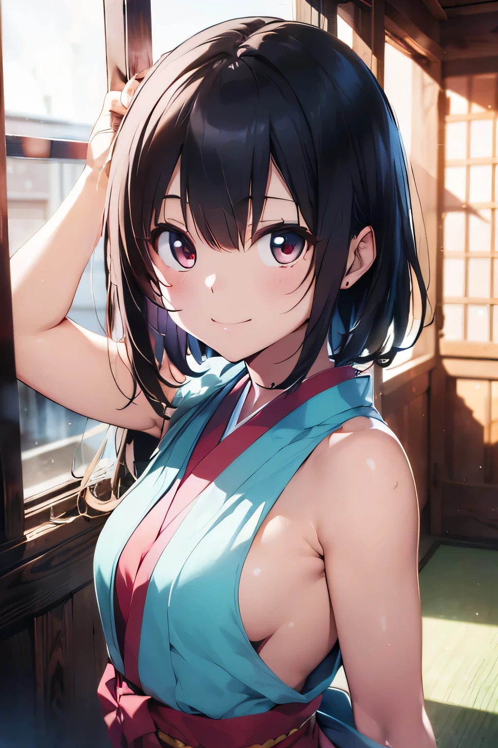 (extremely high quality artwork), (extremely detailed CG 8k), (masterpiece) ,(extremely cute girl), short, (innocent face), ((innocent smile)), shiny hair, (slim body), (small breasts), ((finely detailed beautiful eyes)), (eyes with brightness), look at viewer, ((nsfw)), ((japanese kimonos)), no bra, ((side boob)), (((lower body is completely naked))), (((no panties))), beautiful skin, pale skin, shiny skin, (bright color), vibrant colors, natural light, (glare),
