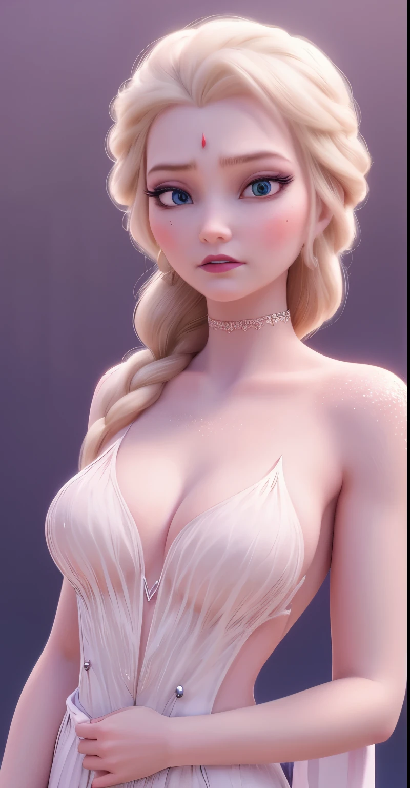 Elsa,chubby face,invent,face detail,blush,purple eye shadow, rose in hair,arise from,simple background, looking to the side,half shirt, White dress, No blouse, without bra, visible peak on chest, (big ) (big breasts) (Fully exposed chest) ( naked and visible nipple) (big ) (big breasts) (Fully exposed chest) ( naked and visible nipple) big ) (big breasts) (Fully exposed chest) ( naked and visible nipple