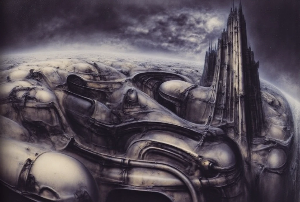 

 The image depicts a fantastical scene of a castle with a dominant tower, surrounded by a whirl of dark clouds and a starry nebulous sky in the background.

The shapes are predominantly rounded and flowing, with a strong sense of internal structure suggested by the lines and shading. The color palette is almost entirely grayscale with some warmer highlights giving a slight off-white/beige tint. The contrast is primarily achieved through subtle gradations of light and shadow, defining the forms without harsh edges. This creates a sense of depth and volume, but also contributes to the overall ambiguity of the image. The lack of strong contrast makes the forms blend into each other, further enhancing the feeling of a unified, biomechanical entity.

The space in this H.R. Giger-esque image is formed through a complex interplay of several visual techniques, creating a claustrophobic, layered, and ambiguous environment. Space in this image is formed by a combination of overlapping forms, lack of traditional perspective, flowing curves, high detail, ambiguous scale, and subtle lighting. These techniques work together to create a unique and unsettling spatial experience that is characteristic of Giger's work: a claustrophobic, organic, and biomechanical environment that feels both alien and strangely familiar.
 The most dominant feature is the dense overlapping and interweaving of organic and mechanical forms. Figures, pipes, tubes, and other structures merge seamlessly, making it difficult to distinguish where one ends and another begins. This creates a sense of depth and layers, but also contributes to the claustrophobic feeling as there's little empty space.
 There's no clear horizon line or defined vanishing point to establish traditional perspective. This further adds to the sense of disorientation and makes it difficult to gauge the scale and distance of the elements within the image. The space feels compressed and undefined.
