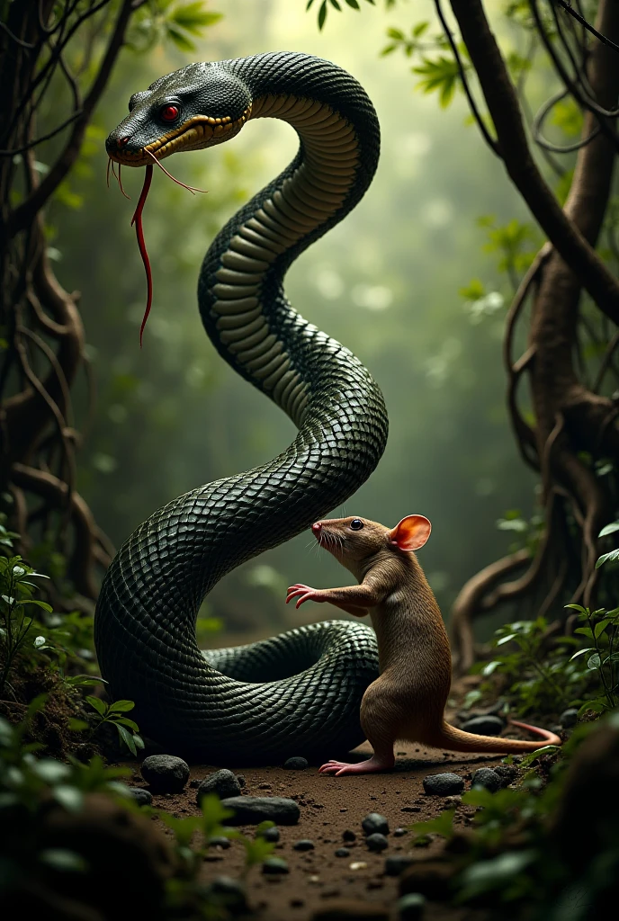 Create an aggressive snake with the head of a dead mouse in its mouth