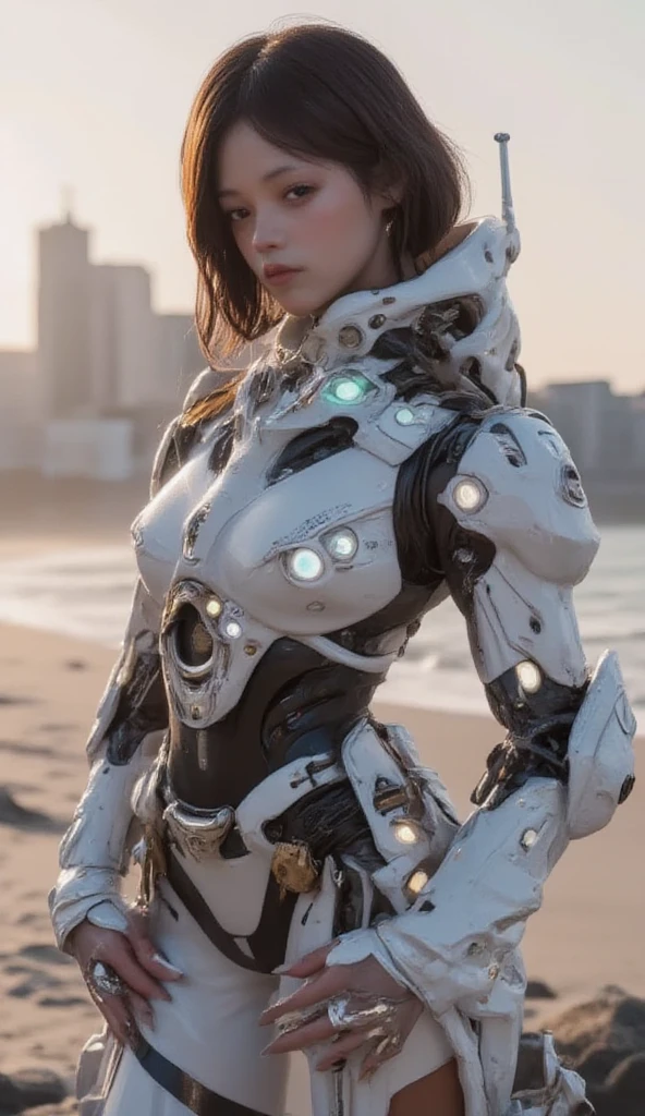   cute woman android   , heavy weapons,   Glowing Joints and Gaps   , 新   very detailed  ,   bright color  ,   dynamic poses,   high-definition face and eyes  ,  complex mechanical design with white joints and gaps that emit light , Shiny parts 、  On a great beach  , Pastel Palette,   photorealistic ,   Cinematic Lighting,   Soft Writing  ,   chiaroscuro,   Cinematic Lighting、8k, Masterpiece, U  High Resolution  , retina, Masterpiece, Accurate, 解剖学的にAccurate ,   Textured Skin  ,   very detailed  ,   high detail ,   High Quality   ,   two-bracelet that won a realistic    , 最   High Quality   ,  High Resolution , 1080P,  High Resolution , 16k,   black hair、  Twin Tails ,   medium breasts,   messy hair,  two-tone urban buildings looking up at the sky 、  cloudy sky、  black hair、 空を見上る、