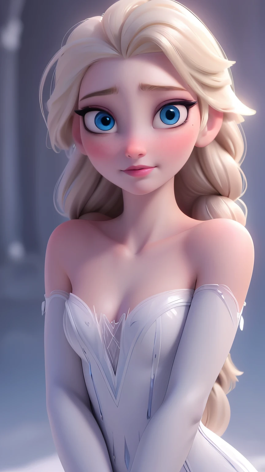 Elsa, (perky breasts), (((small breasts))), smirk:1.2, beautiful blue eyes, (perfect iris’s), depth of colour to her eyes, blonde hair, long hair, braid, full lips, blush, naked, she is showing her vagina, depth of field, bokeh, (special attention to skin detail: 1.2), masterpiece, best quality, ultra-detailed, ultra-HD, photorealistic, cinematic, ((mid camera shot)), sensual pose, alluring, nipples:1.4, looking up at camera, closeup on her face, her cheeks are blushed, 2, she is on her knees, eye contact:1.4, high angle:1.5, ((closeup on face)), perfect face, (((visible breasts))) bokeh everything other than her perfect face, location is Arendelle in winter, ice castle