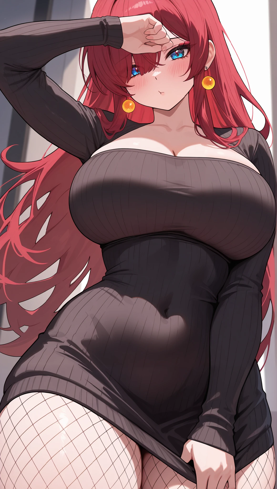 Pale skin, dark brown eyes, long red hair, big huge breasts, black sweater dress
