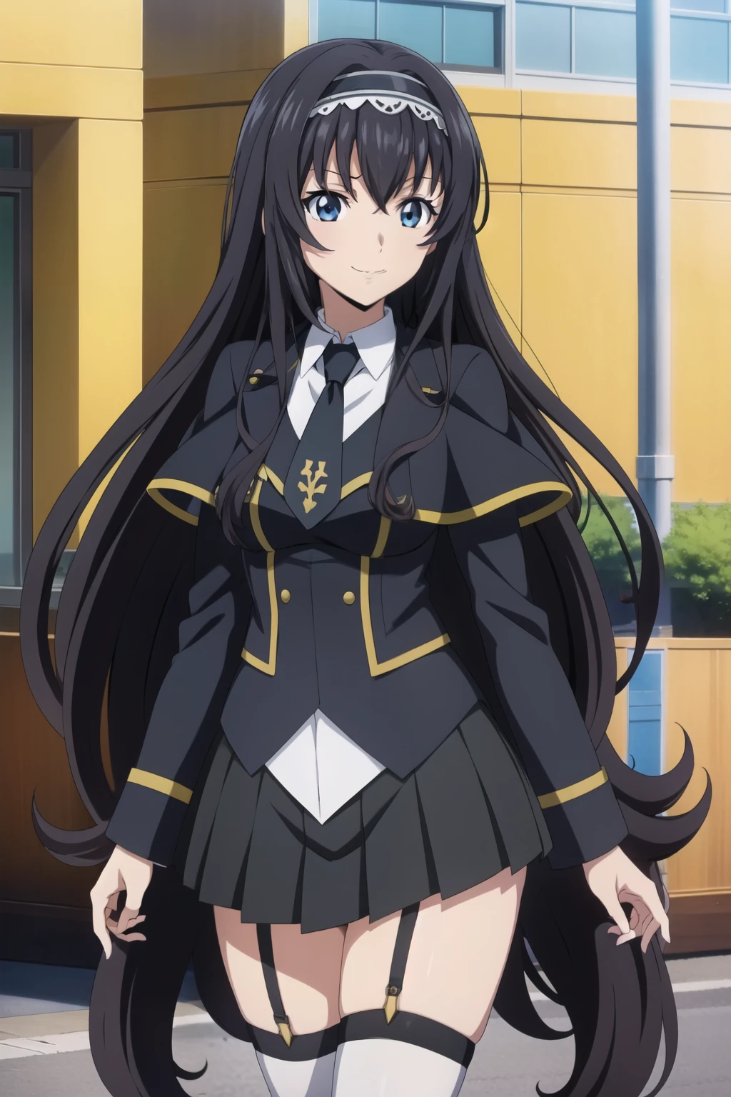 1 girl, cute, black long hair, (hair band), masterpiece, smile, Jacket, black_skirt, green tie, miniskirt, necktie, thigh highs, white_leg wear, capelet, school uniform, pleated_skirt,blue_eyes, bangs, garter_straps, hairband, (anime cels style, Masterpiece, best quality, high resolution, anime colored, anime style, anime key visual, sharp, 8k), walking at street, long leg, from side