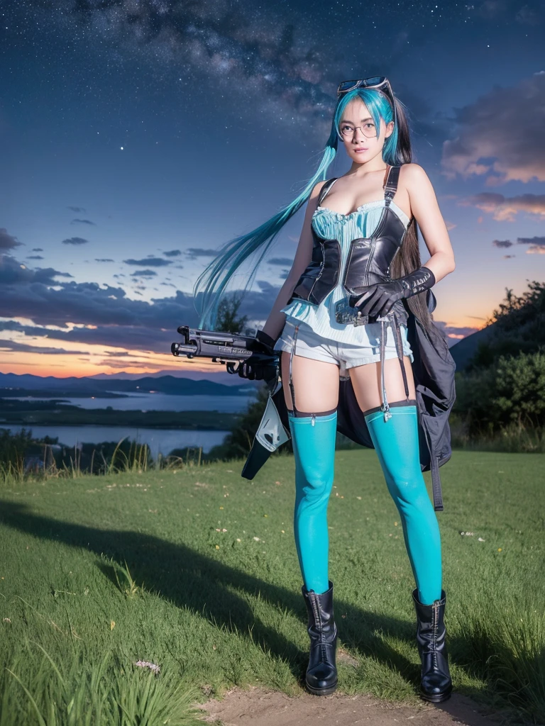 Character with long blue hair that almost touches the ground with long bangs and two braids with a weapon resembling a missile launcher