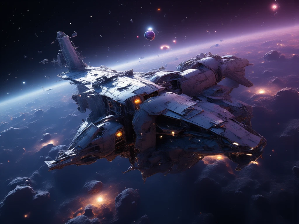 A futuristic space-themed background with advanced technology elements. The scene shows a vast, dark space filled with distant stars and nebulae in various shades of purple and blue. A large, glowing space station or technological structure floats in the foreground, surrounded by holographic interfaces, glowing data streams, and intricate machinery. The scene is illuminated by the soft light of distant galaxies and distant planets, creating a sense of depth and innovation. A sleek spaceship can be seen flying by, adding movement to the scene.