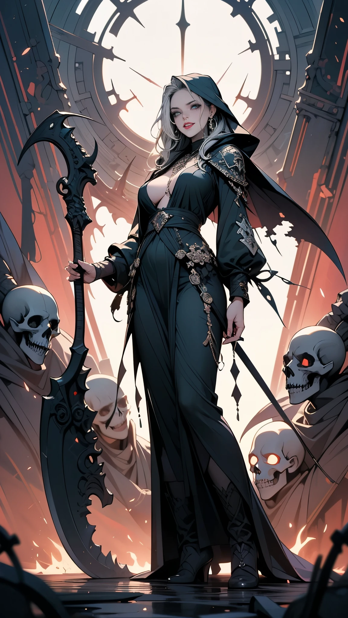 Alone,  Sexy Woman, (grim Reaper, grim Reaper, big scythe, sharp scythe, standing and beckoning, skeleton in one hand), front view, from below, horror style, white hair, perfect fair skin, grin, perfect sexy face, beautiful green glowing eyes, sharp nose, beautiful red lips, seductive body, tall, 8heads, (perfect correct rendering, perfect fingers, perfect limbs), intricate designed black hooded robe, black tight boots horror,shouldering a big scythe, I can see a ghost behind her, aura, silver necklace, earrings, (perfect description in background, black, nightmare, midnight, Graveyard, Gate of Hell), best quality, incredibly absurdres,  realistic , ultra beautiful resolution, extremely detailed painting, uncompromising, anatomically correct, masterpiece, perfect, intricate accurate rendering, perfect lighting, optimized colors in the painting, Magnificent artwork, evil spirits