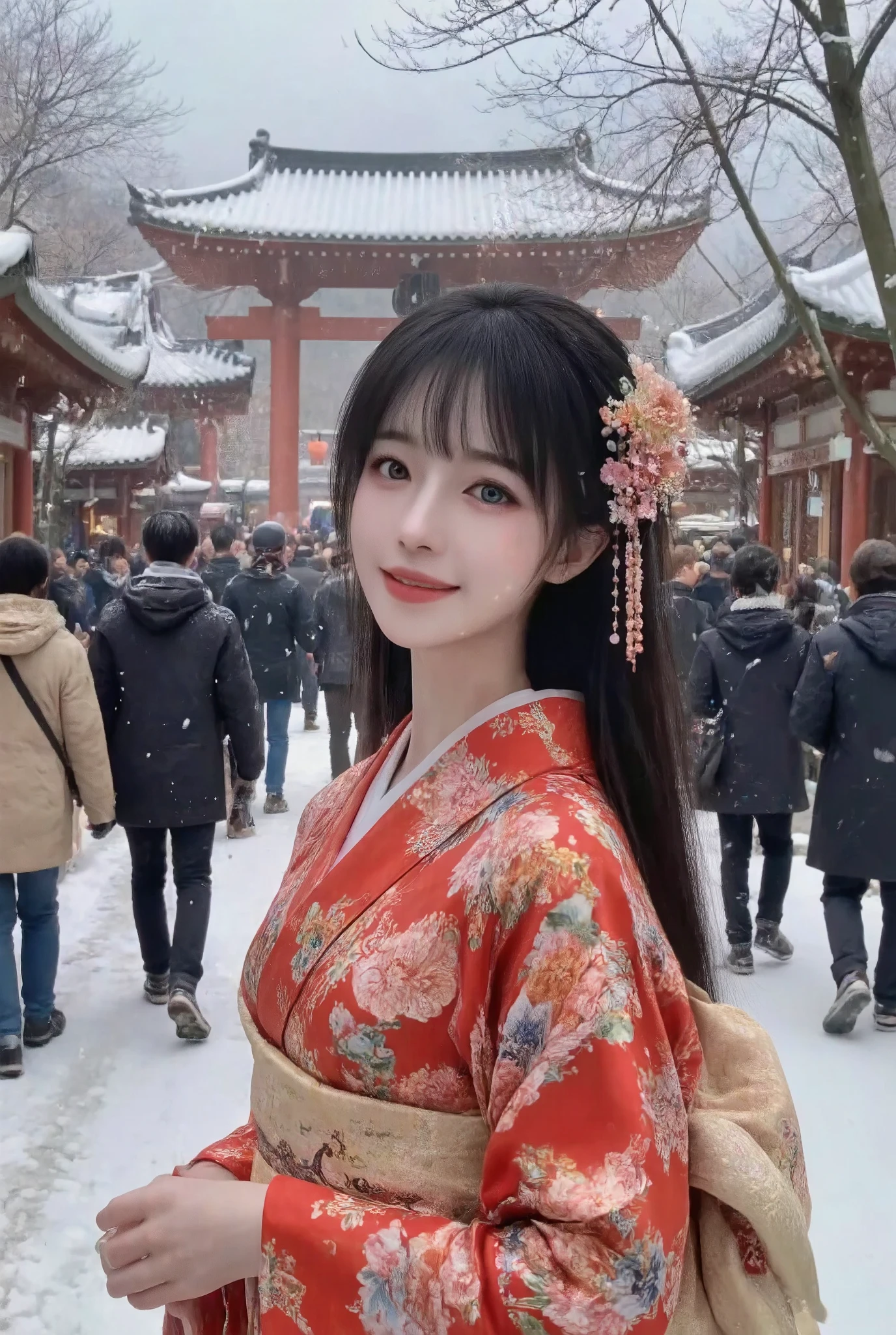 It depicts a beautiful Japanese woman in a kimono、shiny skin, large breasts:0.5, looking up, watching the view, beautiful hair, beautiful face, beautiful detailed eyes, (middle hair:1.5, japanese hair:1.5), black hair, blue eyes, (((red floral kimono), hair ornament)), ((smile:1.5, open your mouth wide)), walking, (beautiful scenery), winter, dawn, (new year's day, first visit),crowd, snow, snowfall:1.5, freezing weather, frost, (8k, top-quality, masterpiece:1.2, extremely detailed), (photorealistic), beautiful illustration, natural lighting,((perfect anatomy, anatomically correct, super detailed skin)),