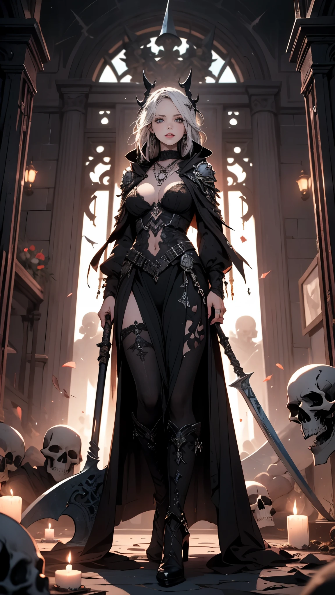 Alone, Sexy Woman, (grim Reaper, grim Reaper, big scythe, sharp scythe, standing and beckoning, skeleton in one hand), front view, from below, horror style, white hair, perfect fair skin, grin, perfect sexy face, beautiful green glowing eyes, sharp nose, beautiful red lips, seductive body, tall, 8heads, (perfect correct rendering, perfect fingers, perfect limbs), intricate designed black hooded robe, black tight boots horror,shouldering a big scythe, I can see a ghost behind her, aura, silver necklace, earrings, (perfect description in background, black, nightmare, midnight, Graveyard, Gate of Hell), best quality, incredibly absurdres, realistic , ultra beautiful resolution, extremely detailed painting, uncompromising, anatomically correct, masterpiece, perfect, intricate accurate rendering, perfect lighting, optimized colors in the painting, Magnificent artwork, evil spirits
