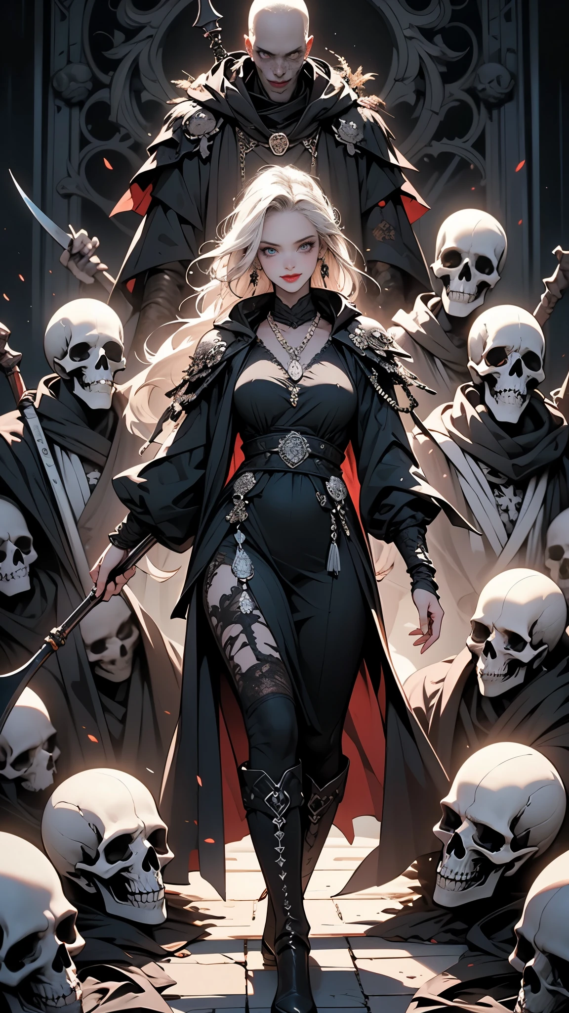 Alone, Sexy Woman, (grim Reaper, grim Reaper, big scythe, sharp scythe, standing and beckoning, skeleton in one hand), front view, from below, horror style, white hair, perfect fair skin, grin, perfect sexy face, beautiful green glowing eyes, sharp nose, beautiful red lips, seductive body, tall, 8heads, (perfect correct rendering, perfect fingers, perfect limbs), intricate designed black hooded robe, black tight boots horror,shouldering a big scythe, I can see a ghost behind her, aura, silver necklace, earrings, (perfect description in background, black, nightmare, midnight, Graveyard, Gate of Hell), best quality, incredibly absurdres, realistic , ultra beautiful resolution, extremely detailed painting, uncompromising, anatomically correct, masterpiece, perfect, intricate accurate rendering, perfect lighting, optimized colors in the painting, Magnificent artwork, evil spirits