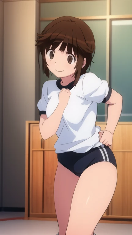 One Girl, alone, whole body, blush, smile, I401KC, Brown Hair, Short ponytail, White shirt, Sleeveless, headgear, School Swimsuit, Sunburn, Sunburnlines, dark skin, Sailor shirt, Orange sailor collar, Completely naked, ,((nsfw))