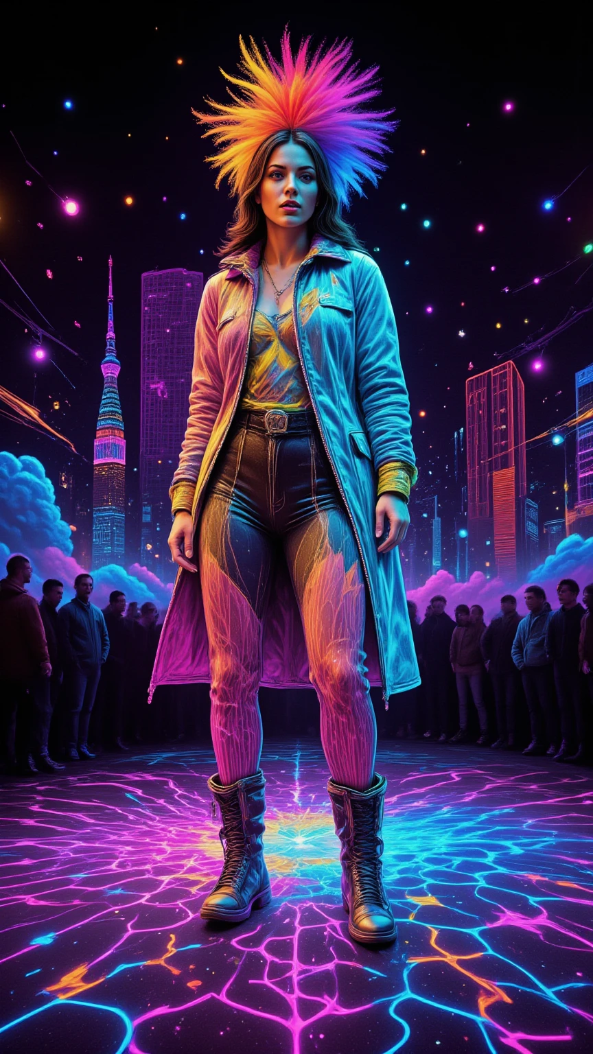 Create a hyper-realistic depiction of a vibrant 1980s music stage set against a dazzling neon cityscape. The scene features a dynamic dance models, showcasing unique 80s style clothing, complete with bold patterns and extravagant accessories. Capture the raw emotion and excitement of the moment, with models strutting confidently under bright neon lights, surrounded by an serialism fantasy dreamy magical objects immersed in the spectacle. Incorporate unusual and vibrant colors, with a backdrop of holographic elements and psychedelic designs, evoking a sense of trippy nostalgia. Include intricate details like a honeycomb pattern in the stage design, enhancing the overall atmosphere of this magical, electrifying night.