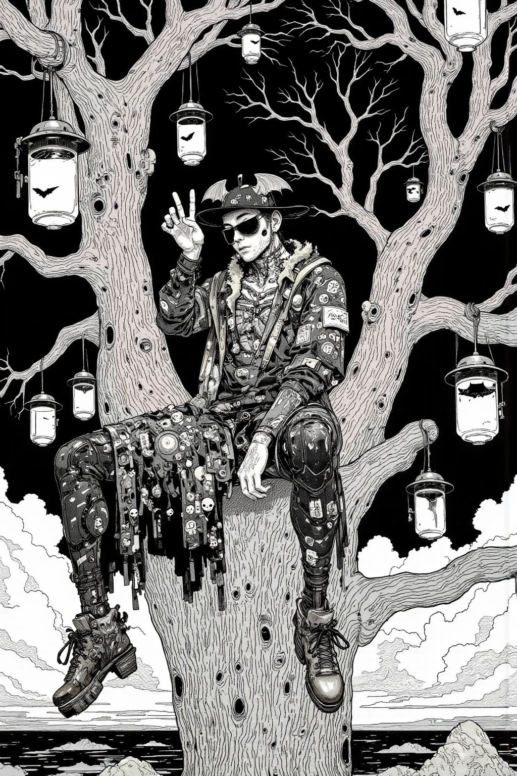  There is a picture of a crazy man wearing a bat hat,  the person is sitting on a tall tree,Clothes are fashion with the theme of bats and skulls, and the colors are black and white,I The lanterns hanging from the tree illuminate the area,llustration by Momoko Shinoda , surrealism, style of hajime Empty Mountain,  graphic details , Empty Mountain. occult art , hajime Empty Mountain designed girl, shohei otomo,  very very unrealistic , Virgil Finlay's style , asymmetric! Cyborg Portrait , gothic horror occult art  