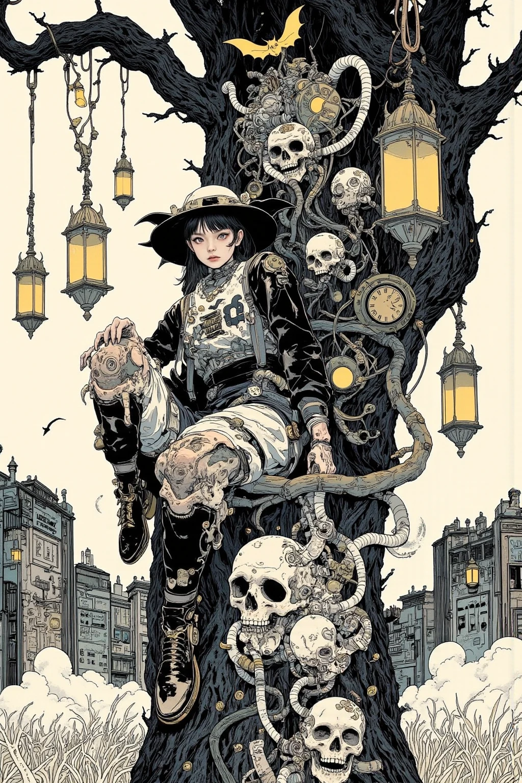  There is a picture of a neutral person wearing a bat hat,  the person is sitting on a tall tree,Clothes are fashion with the theme of bats and skulls, and the colors are black and white,Illustration by Momoko Shinoda , surrealism, style of hajime Empty Mountain,  graphic details , Empty Mountain. occult art , hajime Empty Mountain designed girl, shohei otomo,  very very unrealistic , Virgil Finlay's style , asymmetric! Cyborg Portrait , gothic horror occult art  