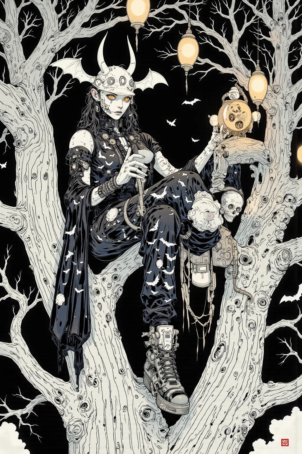  There is a picture of a crazy man wearing a bat hat,  the person is sitting on a tall tree,Clothes are fashion with the theme of bats and skulls, and the colors are black and white,I The lanterns hanging from the tree illuminate the area,llustration by Momoko Shinoda , surrealism, style of hajime Empty Mountain,  graphic details , Empty Mountain. occult art , hajime Empty Mountain designed girl, shohei otomo,  very very unrealistic , Virgil Finlay's style , asymmetric! Cyborg Portrait , gothic horror occult art  