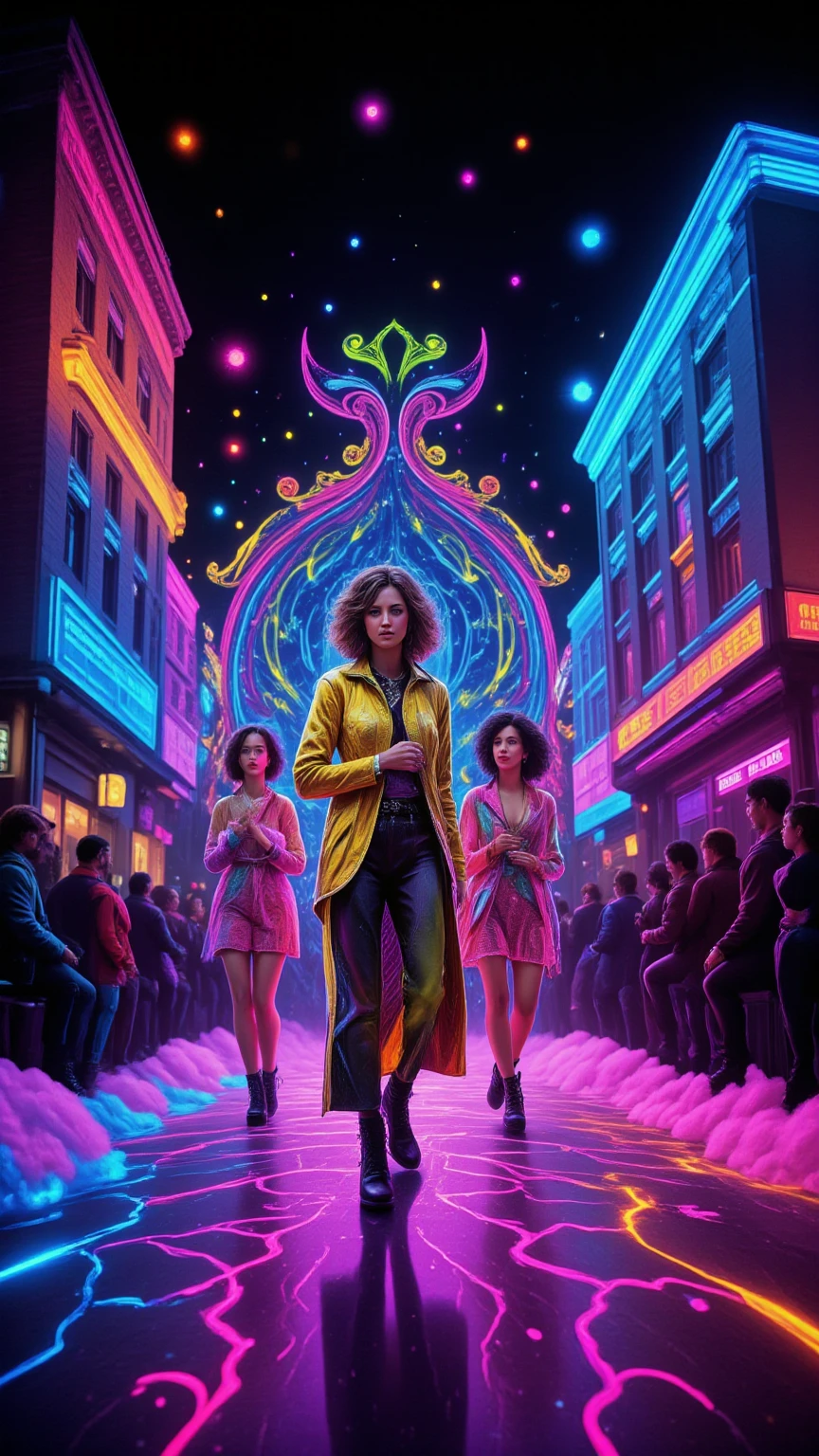 Create a hyper-realistic depiction of a vibrant 1980s music stage set against a dazzling neon cityscape. The scene features a dynamic dance models, showcasing unique 80s style clothing, complete with bold patterns and extravagant accessories. Capture the raw emotion and excitement of the moment, with models strutting confidently under bright neon lights, surrounded by an serialism fantasy dreamy magical objects immersed in the spectacle. Incorporate unusual and vibrant colors, with a backdrop of holographic elements and psychedelic designs, evoking a sense of trippy nostalgia. Include intricate details like a honeycomb pattern in the stage design, enhancing the overall atmosphere of this magical, electrifying night.