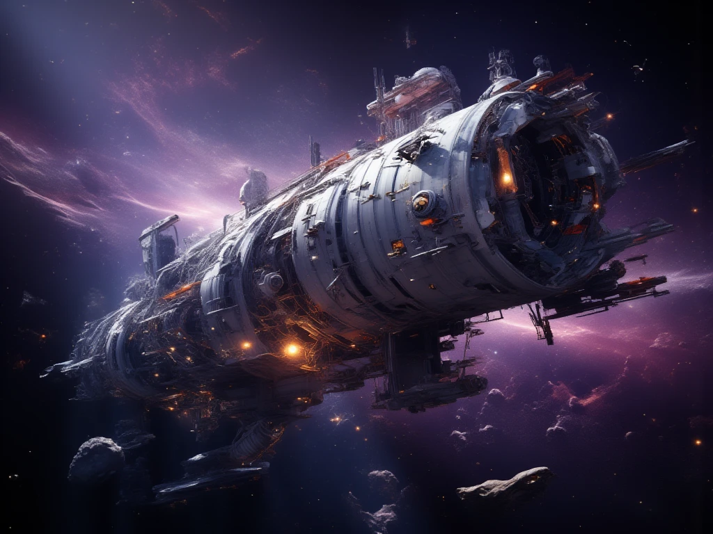 A futuristic space-themed background with advanced technology elements. The scene shows a vast, dark space filled with distant stars and nebulae in various shades of purple and blue. A large, glowing space station or technological structure floats in the foreground, surrounded by holographic interfaces, glowing data streams, and intricate machinery. The scene is illuminated by the soft light of distant galaxies and distant planets, creating a sense of depth and innovation. A sleek spaceship can be seen flying by, adding movement to the scene.