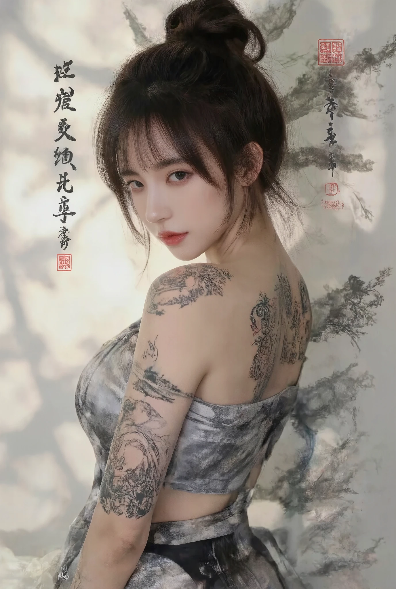 Double Exposure Style,Volumetric Lighting,a girl (Supermodel) with Wrap top,arching her back, beautiful tattoo, Traditional Attire,Artistic Calligraphy and Ink,light depth,dramatic atmospheric lighting,Volumetric Lighting,double image ghost effect,image combination,double exposure style,