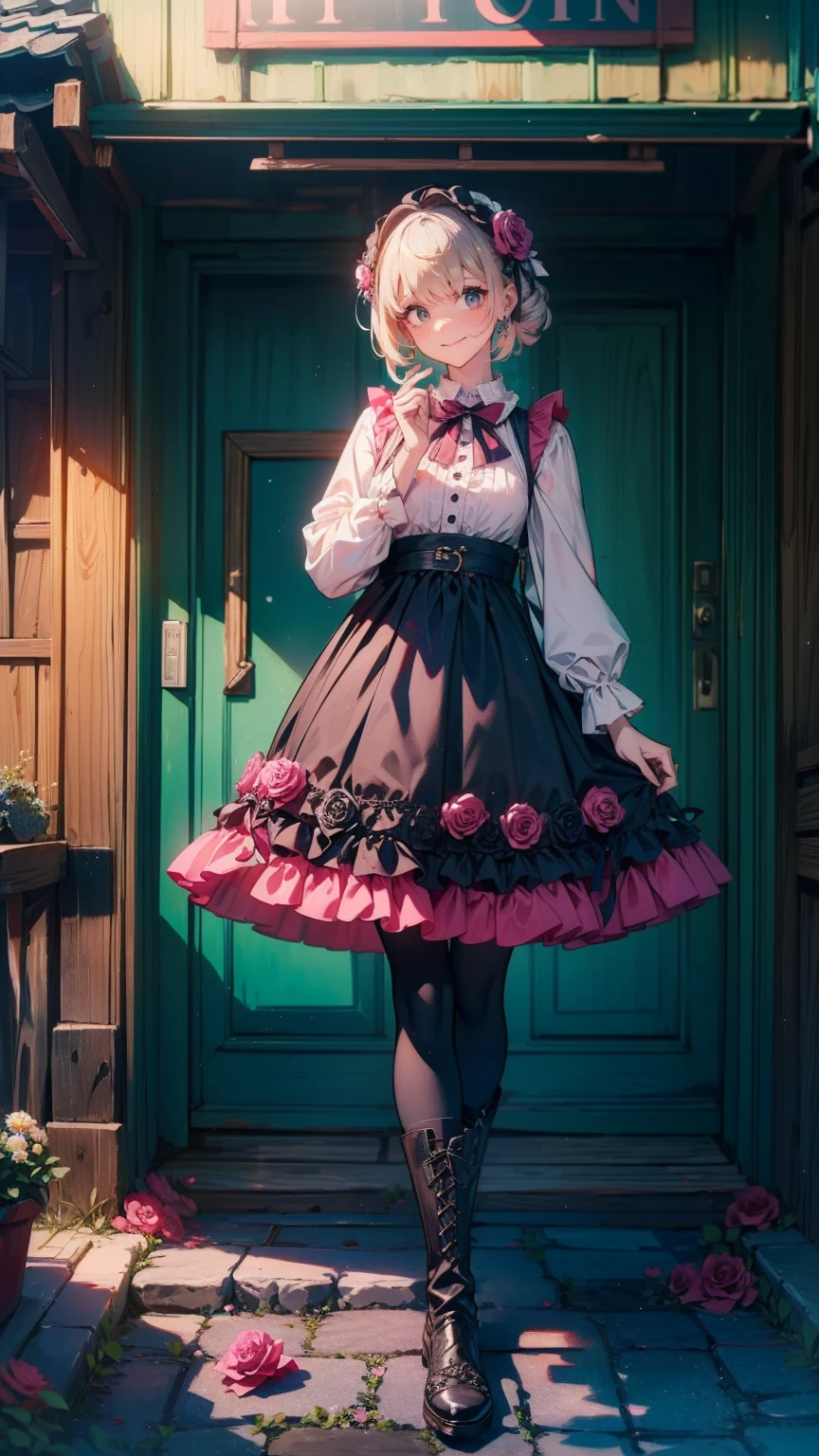 ( Masterpiece : 1.2), (    very detailed: 1.2), (    very detailed CG: 1.2), (    HD: 1.2), (最    HD), 8k,    animated illustration   , 、     Beautiful Girls、とても  cute天使、    pink gothic dress 、  cute、*********、smile、    Long Skirt、   Black Long Boots   、 grey pink pants  ，Turquoise Eye，  cute女性 *****，street，   Candy Store   ， sign，European Buildings，slate paved ，Rose flower，
