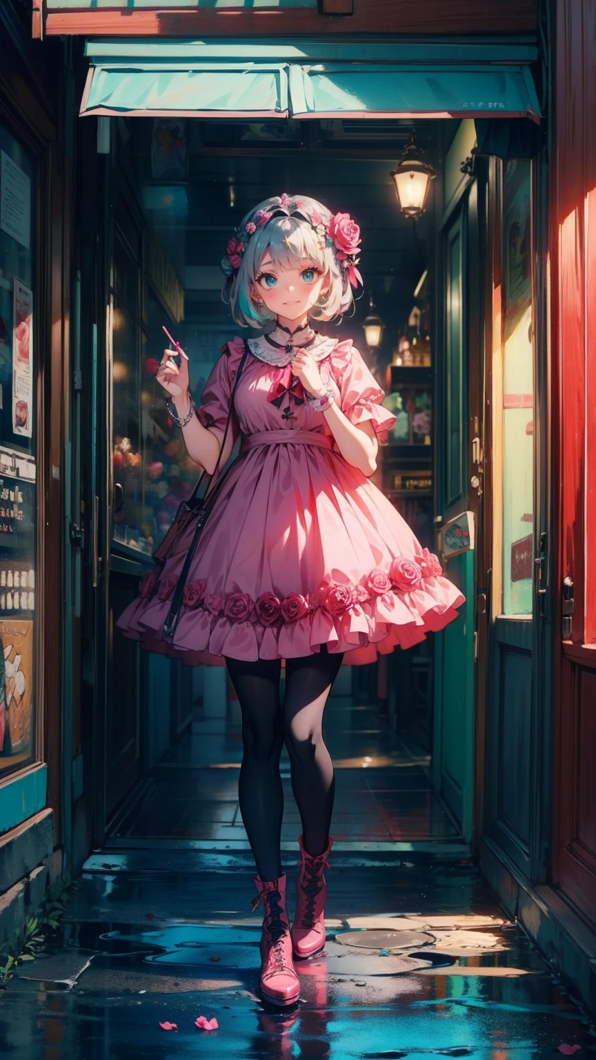 ( Masterpiece : 1.2), (    very detailed: 1.2), (    very detailed CG: 1.2), (    HD: 1.2), (最    HD), 8k,    animated illustration   , 、     Beautiful Girls、とても  cute天使、    pink gothic dress 、  cute、、smile、    Long Skirt、   Black Long Boots   、 grey pink pants  ，Turquoise Eye，  cute女性 ，street，   Candy Store   ， sign，European Buildings，slate paved ，Rose flower，
