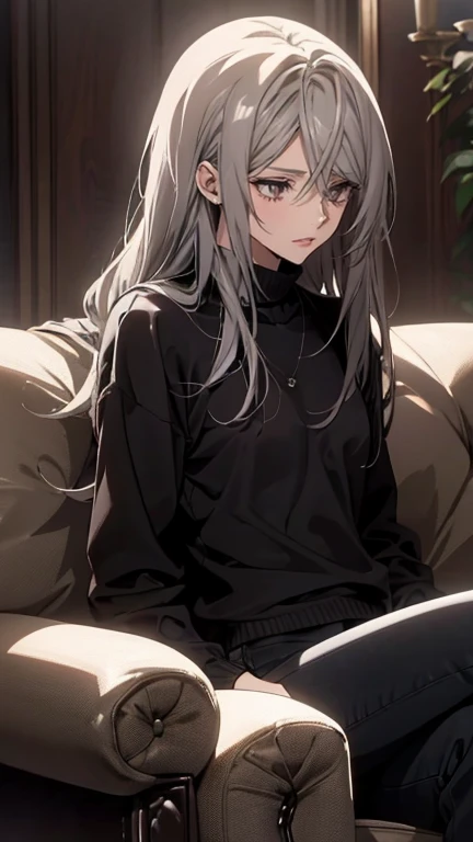 (Confused, High resolution, Very detailed), 1 female, Silver Hair,Long Hair,Reddish-brown eyes,Black sweater,Jacket,Black skinny pants,24th generation,beauty,mature,thin,quiet,Calm,Talking,sofa,Mug