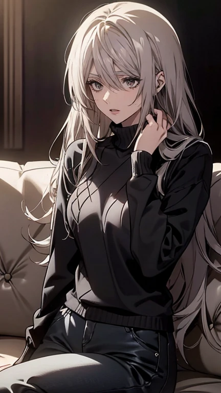 Anime character with long white hair and a blindfold, wearing a black high-collared outfit. The character is positioned in a dimly lit industrial setting with large windows in the background. The character is smiling slightly and appears to exude confidence and mystery. sitting, she is beautiful anime girl, lomg hair, breast,