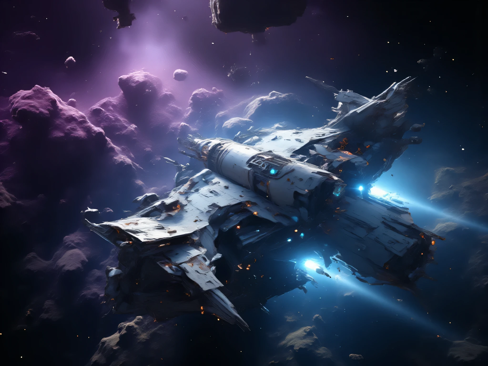 A futuristic space-themed background with advanced technology elements. The scene shows a vast, dark space filled with distant stars and nebulae in various shades of purple and blue. A large, glowing space station or technological structure floats in the foreground, surrounded by holographic interfaces, glowing data streams, and intricate machinery. The scene is illuminated by the soft light of distant galaxies and distant planets, creating a sense of depth and innovation. A sleek spaceship can be seen flying by, adding movement to the scene.