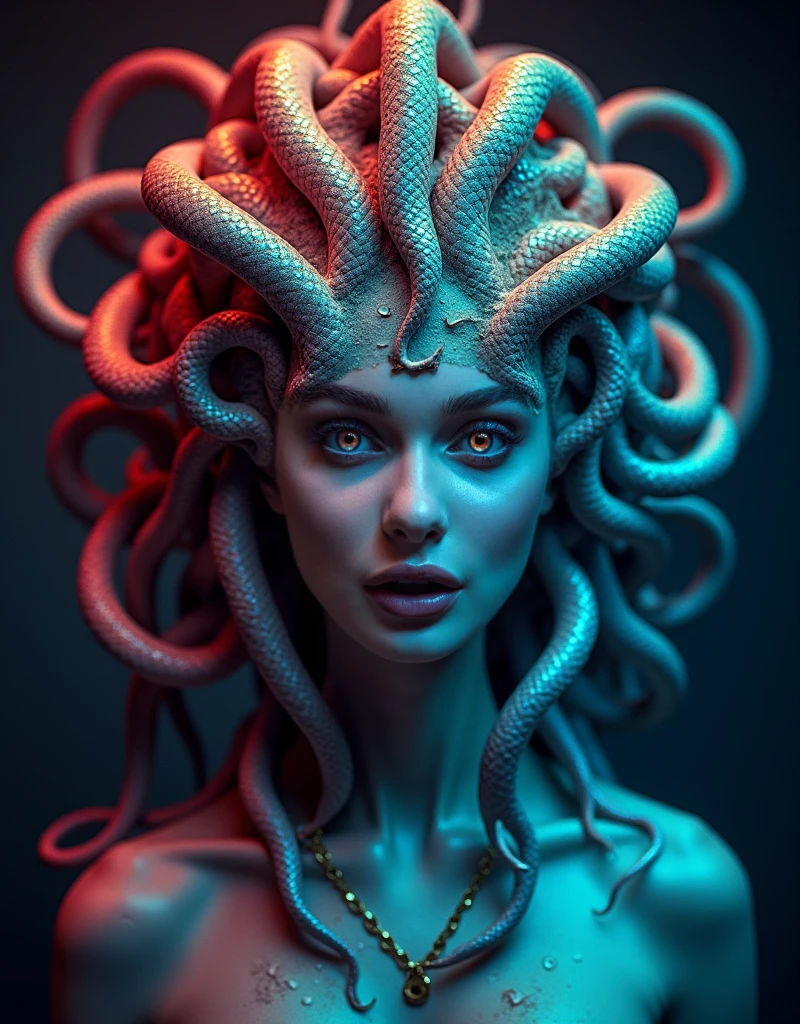 brightly colored statue of a medusa woman with snakes on her head, ancient neon medusa portrait, psychedelic laughing medusa, scary color art in 4 k, bright colors highly detailed, hyper realistic fantasy medusa, hyper detailed digital art, colored zbrush render, hyperdetailed fantasy character, a hyper-detailed demon woman, cosmic horror creature, hyperdetailed colourful