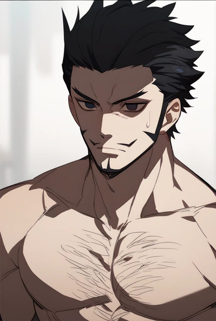 Dracule Mihawk, short hair, muscle, shirtless, sweaty, empty eyes, dazed expression, blank stare, hypnotized, brainwashed, hairy chest