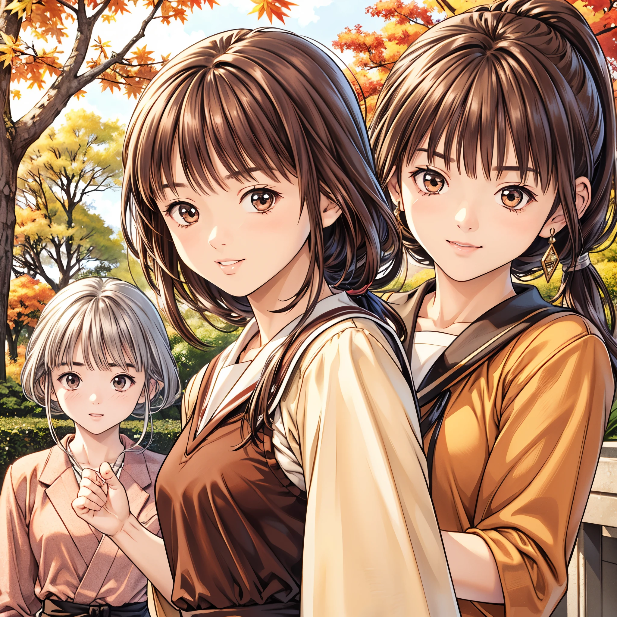 (8k、 best quality 、masterpiece:1.2)、( realistic、ultra-detailed、 super A high resolution、 2 girls、(One person has silver hair 、一人は brown hair )、 beautiful detailed faces、smile、narrow、( Slim Waist ) :1.3)、autumn服、autumn 、 skin texture、Floating Hair、 Professional Writing 、服 人体全体、 brown hair、Shy、Mikity、 romantic 、((Junior high school studentstail、 idol p